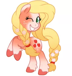 Size: 1280x1351 | Tagged: safe, artist:stephanoodle, banned from derpibooru, deleted from derpibooru, derpibooru import, applejack, earth pony, pony, leak, spoiler:g5, alternate hairstyle, applejack (g5), braid, braided tail, cute, female, flower, flower in hair, flower in tail, freckles, g5, grin, looking at you, mare, one eye closed, rearing, smiling, solo, teeth, unshorn fetlocks