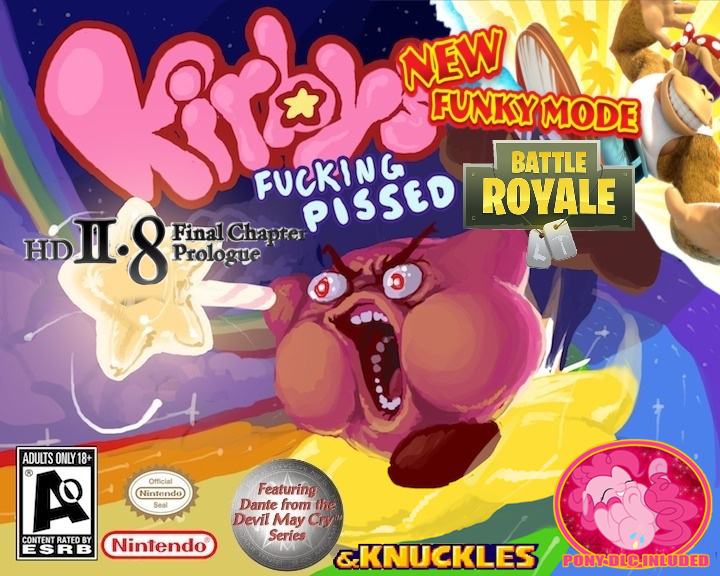 Size: 720x576 | Tagged: safe, banned from derpibooru, deleted from derpibooru, derpibooru import, edit, pinkie pie, and knuckles, barely pony related, funky kong, game cover, kirby, meme, obligatory pony, vulgar