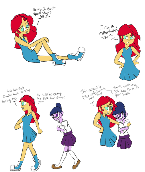 Size: 1038x1231 | Tagged: safe, artist:flight-of-the-moon, banned from derpibooru, deleted from derpibooru, derpibooru import, sci-twi, sunset shimmer, twilight sparkle, equestria girls, cheerleader, clothes, converse, dialogue, shoes, sneakers, vulgar