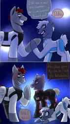 Size: 884x1560 | Tagged: safe, artist:charlie-bad-touch, banned from derpibooru, deleted from derpibooru, derpibooru import, oc, oc:arcturus, pony, alec ryder, armor, blushing, clothes, commander shepard, embarrassed, facial tattoo, freckles, mass effect, mass effect: andromeda, n7, n7 armor, pathfinder, speech bubble, thirsty