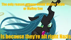 Size: 1280x720 | Tagged: safe, banned from derpibooru, deleted from derpibooru, derpibooru import, edit, edited screencap, screencap, queen chrysalis, changeling, changeling queen, female, han solo, mouthpiece, nazi, op has a point, politics, rey, solo: a star wars story drama, star wars, star wars drama, star wars: the last jedi drama