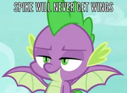 Size: 1463x1079 | Tagged: safe, banned from derpibooru, deleted from derpibooru, derpibooru import, edit, edited screencap, screencap, spike, dragon, molt down, blatant lies, cropped, cute, cute little fangs, fangs, irony, male, smiling, smirk, smug, solo, spikabetes, winged spike, wings