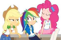 Size: 4557x3000 | Tagged: safe, artist:theartsyemporium, banned from derpibooru, deleted from derpibooru, derpibooru import, edit, editor:michaelsety, screencap, vector edit, applejack, pinkie pie, rainbow dash, equestria girls, equestria girls series, eyes closed, human coloration, lidded eyes, photoshop, simple background, table, transparent background, vector