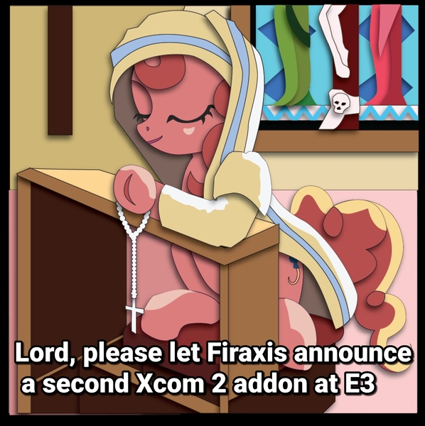 Size: 1784x1790 | Tagged: safe, artist:the-paper-pony, banned from derpibooru, deleted from derpibooru, derpibooru import, edit, pinkie pie, pony, christianity, cross, dialogue, e3, pinkie pious, praying, religion, rosary, shadowbox, solo, text, xcom 2