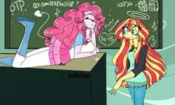 Size: 1024x614 | Tagged: safe, artist:smilexelusive, banned from derpibooru, deleted from derpibooru, derpibooru import, pinkie pie, sunset shimmer, equestria girls, equestria girls series, chalkboard, clothes, female, lesbian, shipping, sunsetpie