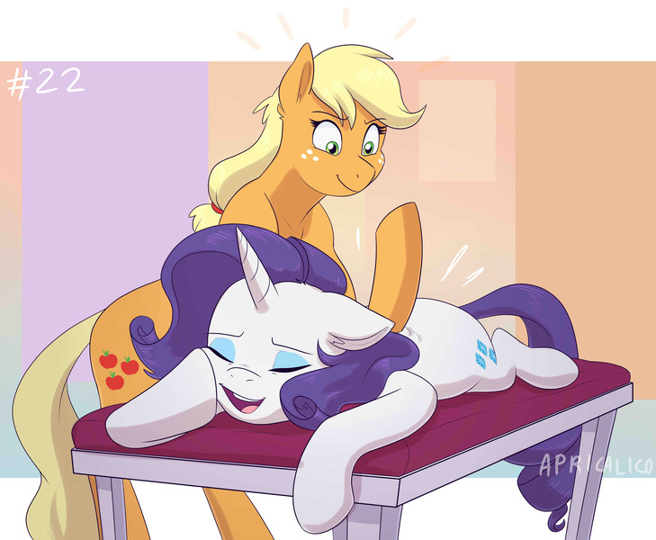 Size: 3351x2757 | Tagged: safe, artist:feellikeaplat, banned from derpibooru, deleted from derpibooru, derpibooru import, applejack, rarity, earth pony, pony, unicorn, eyes closed, female, lesbian, mare, massage, rarijack, shipping