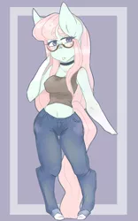 Size: 1250x2000 | Tagged: safe, artist:angelbeat-drift, banned from derpibooru, deleted from derpibooru, derpibooru import, oc, oc:pastel galaxy, unofficial characters only, anthro, unguligrade anthro, arm hooves, choker, clothes, glasses, jeans, pants, solo, tanktop