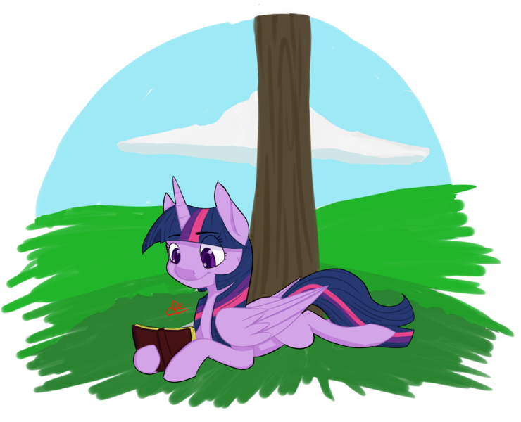 Size: 2383x1931 | Tagged: safe, artist:xenovie, banned from derpibooru, deleted from derpibooru, derpibooru import, twilight sparkle, twilight sparkle (alicorn), alicorn, pony, book, cloud, female, horn, missing cutie mark, reading, simple background, smiling, solo, transparent background, tree, wings