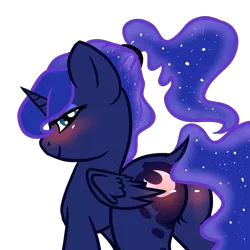 Size: 2000x2000 | Tagged: suggestive, artist:sodadoodle, banned from derpibooru, deleted from derpibooru, derpibooru import, princess luna, alicorn, bedroom eyes, blushing, butt, butt blush, ethereal mane, female, lidded eyes, looking at you, mare, plot, ponytail, shiny butt, simple background, solo, solo female, starry mane, transparent background