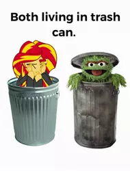 Size: 1553x2048 | Tagged: safe, banned from derpibooru, deleted from derpibooru, derpibooru import, sunset shimmer, abuse, oscar the grouch, sesame street, shimmerbuse, trash can