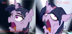 Size: 1400x664 | Tagged: safe, banned from derpibooru, deleted from derpibooru, derpibooru import, edit, edited screencap, screencap, twilight sparkle, pony, the mean 6, leak, comparison, difference, dying, female, mare, melting, open mouth, solo, spanish, you ruined everything