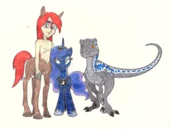 Size: 1655x1254 | Tagged: safe, artist:smcho1014, banned from derpibooru, deleted from derpibooru, derpibooru import, princess luna, alicorn, centaur, dinosaur, pony, velociraptor, blue (raptor), blue the velociraptor, colored pencil drawing, ethereal mane, female, male, mare, simple background, traditional art, trio, white background