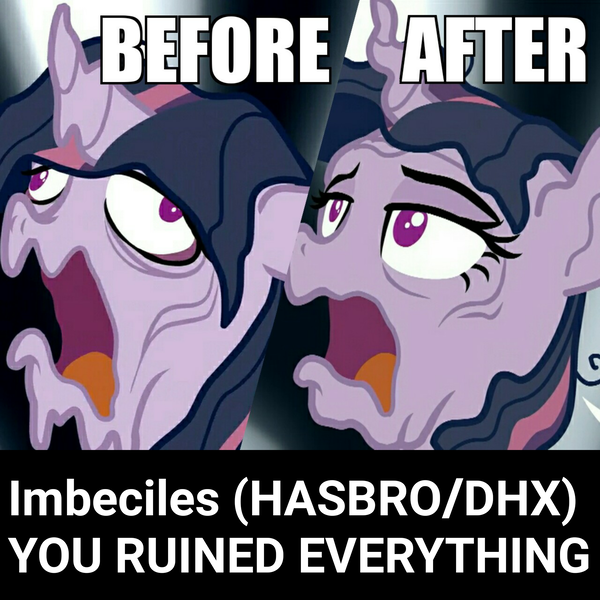 Size: 1920x1920 | Tagged: safe, banned from derpibooru, deleted from derpibooru, derpibooru import, screencap, tree of harmony, twilight sparkle, pony, the mean 6, before and after, clone, comparison, dying, everfree forest, melting, nightmare fuel, transformation, you know for kids, you ruined everything