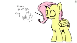 Size: 1280x720 | Tagged: safe, artist:beyondysupreme, banned from derpibooru, deleted from derpibooru, derpibooru import, fluttershy, pegasus, pony, colored, eyes closed, simple background, solo, speech, talking, text, white background