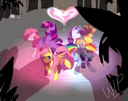 Size: 2893x2287 | Tagged: safe, artist:chiptoony, artist:fishbowltwo, banned from derpibooru, deleted from derpibooru, derpibooru import, applejack, fluttershy, pinkie pie, rainbow dash, rarity, twilight sparkle, super lesbian horse rpg, heart, mane six