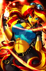 Size: 900x1391 | Tagged: suggestive, artist:animeclaro, banned from derpibooru, deleted from derpibooru, derpibooru import, sunset shimmer, human, equestria girls, abs, breasts, cleavage, clothes, female, fiery shimmer, fire, magic, solo, solo female, torn clothes, watermark