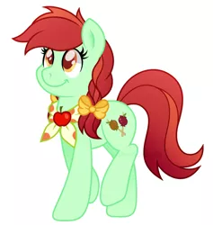 Size: 1280x1351 | Tagged: safe, artist:stephanoodle, banned from derpibooru, deleted from derpibooru, derpibooru import, candy apples, earth pony, apple family member, bandana, bow, braid, female, mare, simple background, smiling, solo, white background