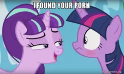 Size: 800x479 | Tagged: suggestive, banned from derpibooru, deleted from derpibooru, derpibooru import, edit, edited screencap, screencap, starlight glimmer, twilight sparkle, alicorn, the cutie re-mark, blushing, caption, image macro, implied porn, meme, she knows, starlight's secret, text, twilight sparkle (alicorn)