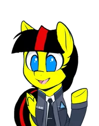 Size: 517x661 | Tagged: safe, artist:higgly-chan, banned from derpibooru, deleted from derpibooru, derpibooru import, oc, oc:dasher, unofficial characters only, android, pegasus, pony, robot, clothes, connor, crossover, detroit: become human, male, recolor, simple background, smiling, solo, transparent background