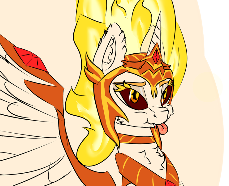 Size: 1091x885 | Tagged: safe, artist:fezan, banned from derpibooru, deleted from derpibooru, derpibooru import, daybreaker, alicorn, pony, :p, armor, chest fluff, cute, diabreaker, female, silly, simple background, solo, tongue out