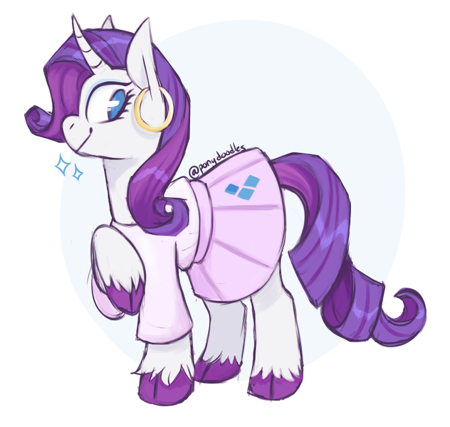 Size: 800x760 | Tagged: safe, artist:ponydoodles, banned from derpibooru, deleted from derpibooru, derpibooru import, rarity, pony, unicorn, blouse, clothes, ear piercing, earring, female, jewelry, looking at you, mare, pastel, piercing, raised hoof, simple background, skirt, smiling, solo, walking, white background