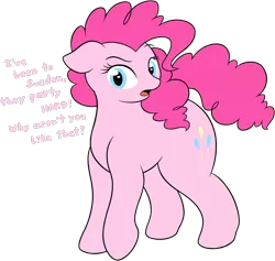 Size: 1178x1116 | Tagged: safe, artist:onlytheponies, banned from derpibooru, deleted from derpibooru, derpibooru import, pinkie pie, earth pony, pony, dialogue, female, mare, plump, reference, simple background, solo, terraria, transparent background