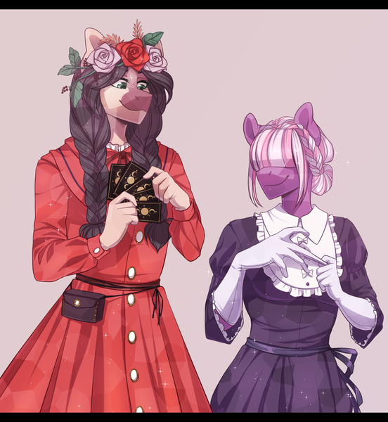 Size: 1579x1715 | Tagged: safe, artist:harmoniousrain, banned from derpibooru, deleted from derpibooru, derpibooru import, oc, oc:dahlia, oc:ophelia, unofficial characters only, anthro, crystal pony, bangs, clothes, dress, duo, evening gloves, female, flower, flower in hair, gloves, hair over eyes, hilarious in hindsight, image, lolita fashion, long gloves, png, siblings, sisters, tarot, tarot card, twins