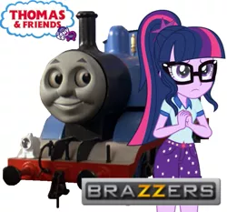 Size: 643x600 | Tagged: safe, banned from derpibooru, deleted from derpibooru, derpibooru import, screencap, sci-twi, twilight sparkle, equestria girls, brazzers, choo choo baby, crossover, eyes on the prize, glasses, stare, this will end in confusion and delay, thomas the tank engine