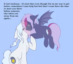 Size: 3000x2640 | Tagged: safe, artist:darkstorm mlp, banned from derpibooru, deleted from derpibooru, derpibooru import, oc, oc:lilac mist, oc:wishing star, unofficial characters only, bat pony, unicorn, bat pony oc, bat wings, emotional, female, heartfelt, illusion, lonely, love, male, mare, sad, somber, stallion, text, wings