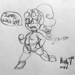 Size: 1833x1832 | Tagged: safe, artist:kinky tease, banned from derpibooru, deleted from derpibooru, derpibooru import, oc, oc:flairy floss, unofficial characters only, anthro, chubby, clothes, female, jogging, jumpsuit, monochrome, offscreen character, pencil drawing, signature, simple background, sketch, solo, speech bubble, sweat, tied up mane, traditional art, white background, workout