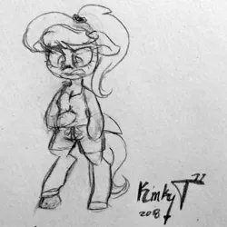 Size: 1772x1772 | Tagged: safe, artist:kinky tease, banned from derpibooru, deleted from derpibooru, derpibooru import, oc, oc:float jump, unofficial characters only, anthro, clothes, female, monochrome, pencil drawing, signature, simple background, sketch, solo, splinter, tanktop, traditional art, white background