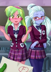 Size: 2894x4093 | Tagged: safe, artist:uotapo, banned from derpibooru, deleted from derpibooru, derpibooru import, lemon zest, sugarcoat, oc, oc:anon, equestria girls, blushing, clenched teeth, clothes, crystal prep academy uniform, looking at you, open mouth, school uniform