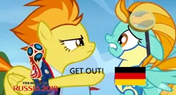 Size: 832x454 | Tagged: safe, banned from derpibooru, deleted from derpibooru, derpibooru import, edit, edited screencap, screencap, lightning dust, spitfire, wonderbolts academy, downvote bait, eqg flag-tag meme, germany, op is a slowpoke, world cup 2018