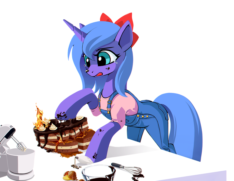 Size: 1280x994 | Tagged: safe, artist:ponykillerx, banned from derpibooru, deleted from derpibooru, derpibooru import, princess luna, bow, cake, clothes, crying, cute, female, filly, fire, food, food mixer, frosting, hair bow, hoofprint, lunabetes, messy, overalls, s1 luna, simple background, solo, white background, woona, worried, younger