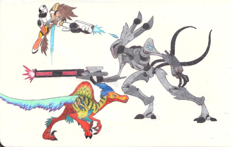 Size: 2362x1504 | Tagged: safe, artist:smcho1014, banned from derpibooru, deleted from derpibooru, derpibooru import, vex, oc, oc:wild sketchy, ponified, dinosaur, feathered dinosaur, pony, art trade, brakion, colored pencil drawing, destiny (game), destiny 2 (game), female, hybrid dinosaur, male, mare, overwatch, spinoraptor, tracer, traditional art, vex mind