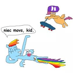 Size: 512x512 | Tagged: safe, artist:dellovan, banned from derpibooru, deleted from derpibooru, derpibooru import, rainbow dash, scootaloo, sleepless in ponyville, comic sans, digital art, drink, helmet, ms paint, scooter, stylistic suck