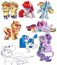 Size: 1024x1170 | Tagged: safe, artist:mafubii, banned from derpibooru, deleted from derpibooru, derpibooru import, flam, flim, maud pie, rainbow dash, starlight glimmer, sunset shimmer, twilight sparkle, twilight sparkle (alicorn), twist, vinyl scratch, alicorn, earth pony, pegasus, pony, unicorn, female, filly, flim flam brothers, lesbian, male, mare, shipping, simple background, stallion, starmaud, twidash, white background