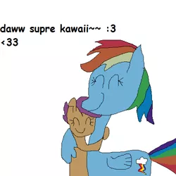 Size: 512x512 | Tagged: safe, artist:dellovan, banned from derpibooru, deleted from derpibooru, derpibooru import, rainbow dash, scootaloo, sleepless in ponyville, comic sans, eyes closed, happy, hug, ms paint, scootalove, smile kawaii, stylistic suck, tilde
