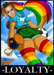 Size: 514x715 | Tagged: suggestive, artist:shonuff44, banned from derpibooru, deleted from derpibooru, derpibooru import, edit, rainbow dash, human, background pony strikes again, bad edit, basketball, big breasts, breasts, cleavage, clothes, downvote bait, female, football, georgia steel, goggles, humanized, love island, loyalty, rainbow socks, shorts, sideboob, socks, solo, sports, striped socks, the ass was fat, this needs to die, wat