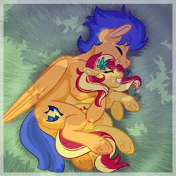 Size: 500x500 | Tagged: safe, artist:eve-of-halloween, banned from derpibooru, deleted from derpibooru, derpibooru import, flash sentry, sunset shimmer, pegasus, pony, unicorn, cuddling, cute, female, flashimmer, male, shipping, sleeping, spooning, straight