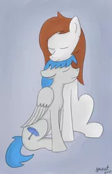 Size: 580x900 | Tagged: safe, artist:qewcat, banned from derpibooru, deleted from derpibooru, derpibooru import, oc, oc:gummilalli, oc:qewcat, pegasus, cuddling, cute, digital art, hug, long mane