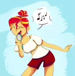 Size: 1405x1429 | Tagged: safe, artist:flight-of-the-moon, banned from derpibooru, deleted from derpibooru, derpibooru import, sunset shimmer, equestria girls, bra, bra strap, brush, clothes, eyes closed, female, hairbrush, music notes, shirt, shorts, singing, smiling, solo, underwear