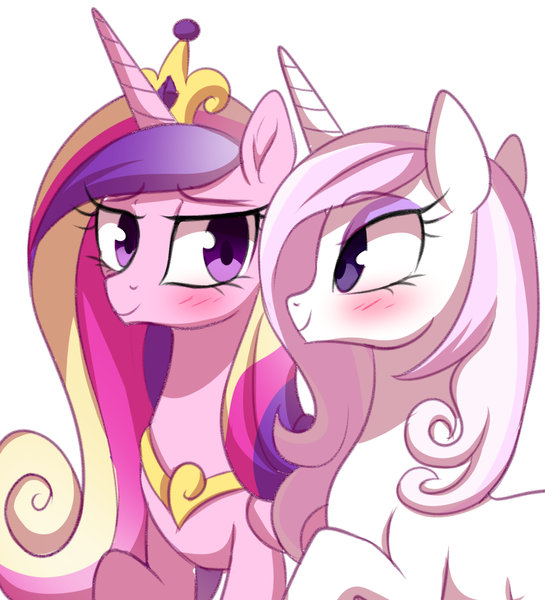 Size: 1280x1409 | Tagged: safe, artist:verawitch, banned from derpibooru, deleted from derpibooru, derpibooru import, fleur-de-lis, princess cadance, alicorn, pony, unicorn, blushing, crown, cute, female, fleurdance, horn, infidelity, jewelry, lesbian, looking at each other, mare, raised hoof, regalia, shipping, simple background, smiling, white background, wings