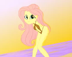 Size: 2500x2000 | Tagged: suggestive, artist:sodadoodle, banned from derpibooru, deleted from derpibooru, derpibooru import, fluttershy, equestria girls, adorasexy, arm behind back, breasts, clothes, colored, cute, female, looking at you, pretzel bikini, sexy, shyabetes, smiling, solo, swimsuit