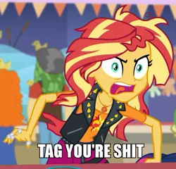 Size: 867x833 | Tagged: safe, banned from derpibooru, deleted from derpibooru, derpibooru import, edit, edited screencap, screencap, carrot top, golden harvest, sandalwood, sunset shimmer, equestria girls, equestria girls series, rollercoaster of friendship, angry, female, geode of empathy, grammar error, magical geodes, meme, vulgar