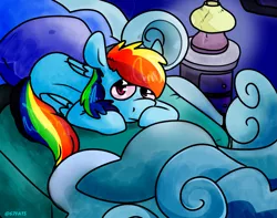 Size: 1251x988 | Tagged: safe, artist:67fats, banned from derpibooru, deleted from derpibooru, derpibooru import, rainbow dash, bed, female, firealpaca, lamp, laying on bed, looking at you, mare, on bed, side, solo