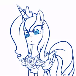 Size: 800x800 | Tagged: safe, artist:jumblehorse, banned from derpibooru, deleted from derpibooru, derpibooru import, princess luna, alicorn, pony, friendship is magic, 30 minute art challenge, female, flower, flower garland, garland, looking down, mare, monochrome, partial color, s1 luna, scene interpretation