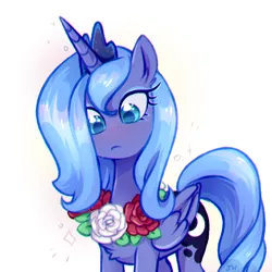 Size: 800x800 | Tagged: safe, artist:jumblehorse, banned from derpibooru, deleted from derpibooru, derpibooru import, princess luna, alicorn, pony, friendship is magic, blushing, colored, female, flower, flower garland, garland, looking down, mare, s1 luna, scene interpretation, simple background, solo, sparkles, white background