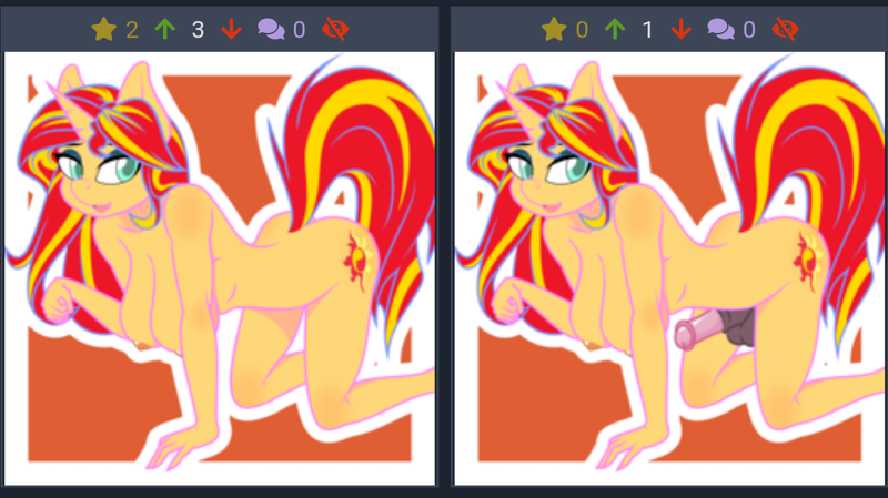 Size: 1175x660 | Tagged: questionable, artist:up1ter, banned from derpibooru, deleted from derpibooru, derpibooru import, sunset shimmer, anthro, unicorn, derpibooru, breasts, cutie mark, female, futa, intersex, juxtaposition, lidded eyes, looking at you, meta, nipples, nudity, smiling, solo, solo female, solo futa