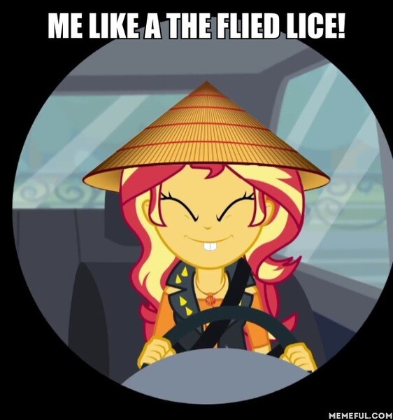 Size: 600x641 | Tagged: safe, banned from derpibooru, deleted from derpibooru, derpibooru import, edit, edited screencap, screencap, sunset shimmer, driving miss shimmer, equestria girls, equestria girls series, bucktooth, racism, the simpsons